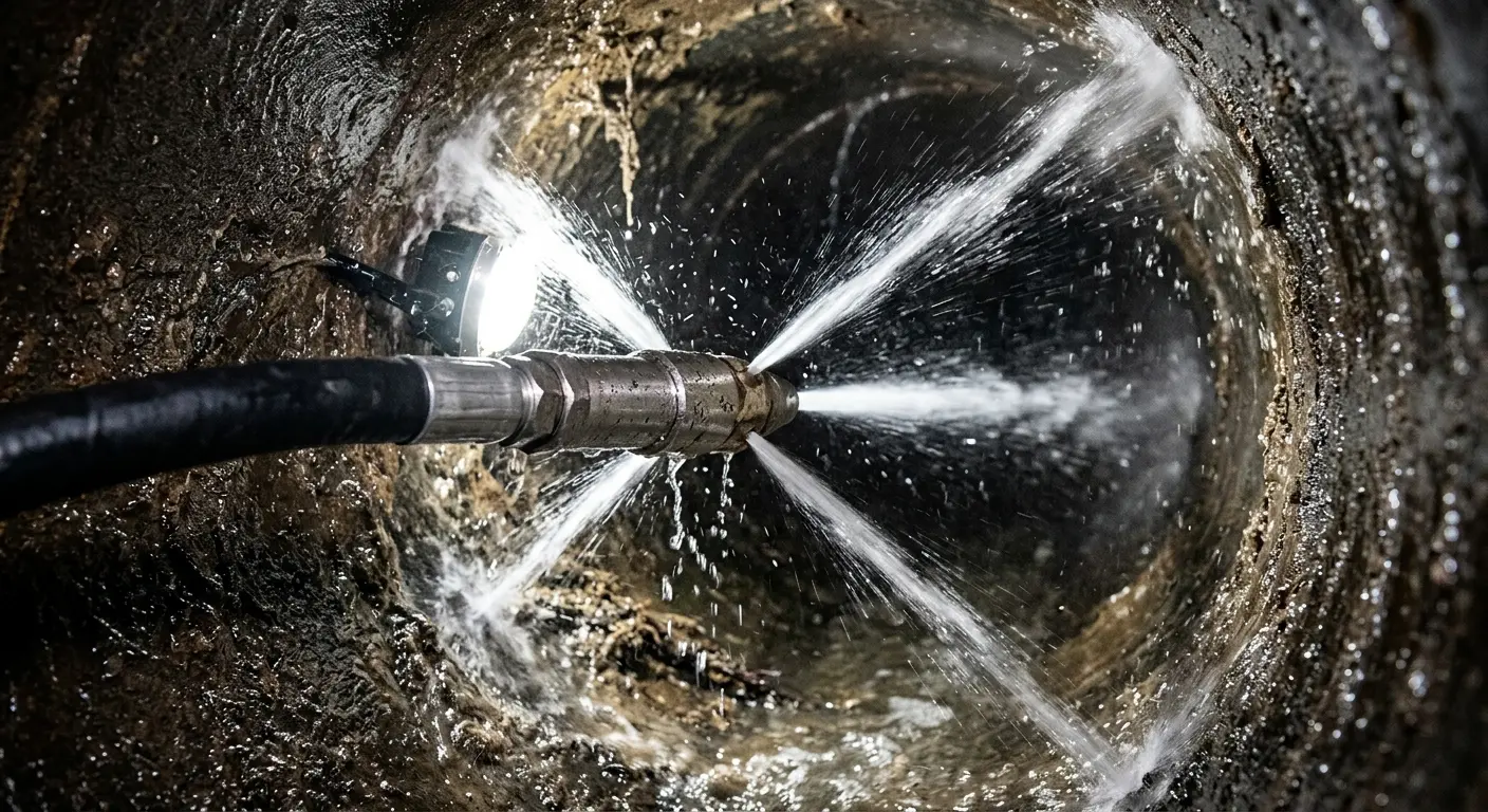 High-pressure hydro jetting nozzle cleaning sewer pipe for Trenchless Sewer Repair in La CaÃ±ada Flintridge