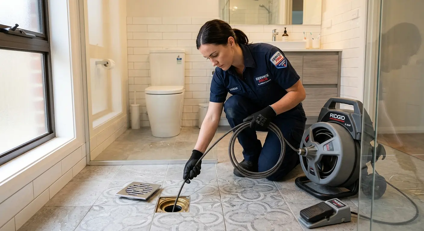 Technician clearing a bathroom floor drain for Clogged Drain Repair in La CaÃ±ada Flintridge